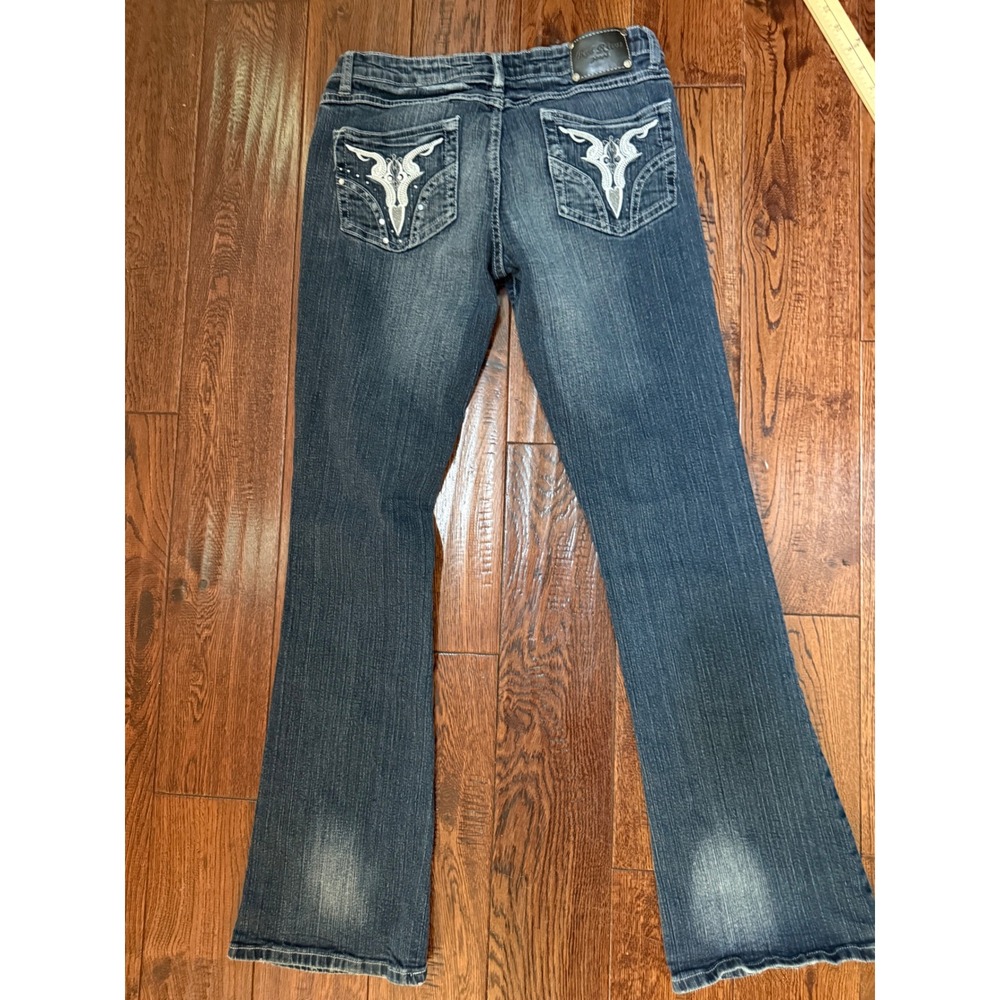 Red Rivet Womens Bootcut Jeans Size 11 Dark Wash Embroidered Rhinestone Y2K Blue